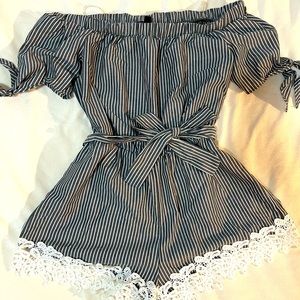 Gray and White Striped Off the Shoulder Romper